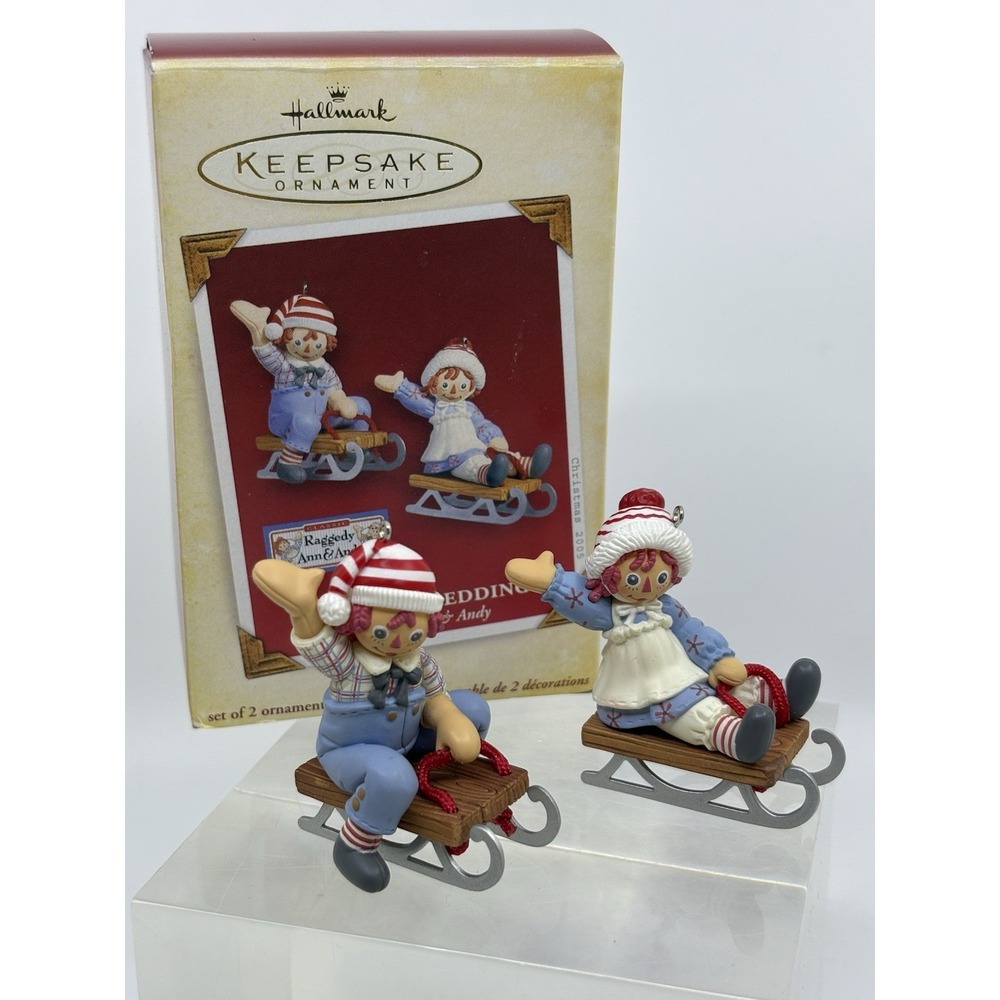 2005 Hallmark Holiday Sledding Raggedy Ann and Andy Ornament Set  Box